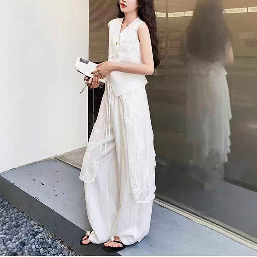 New Lace Blouse With Wide-leg Pants Three-piece Set