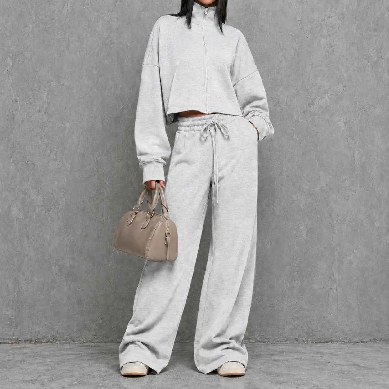 Stand-up Collar Zip-up Hoodie Jacket And High-waisted Wide-leg Casual Pants Set