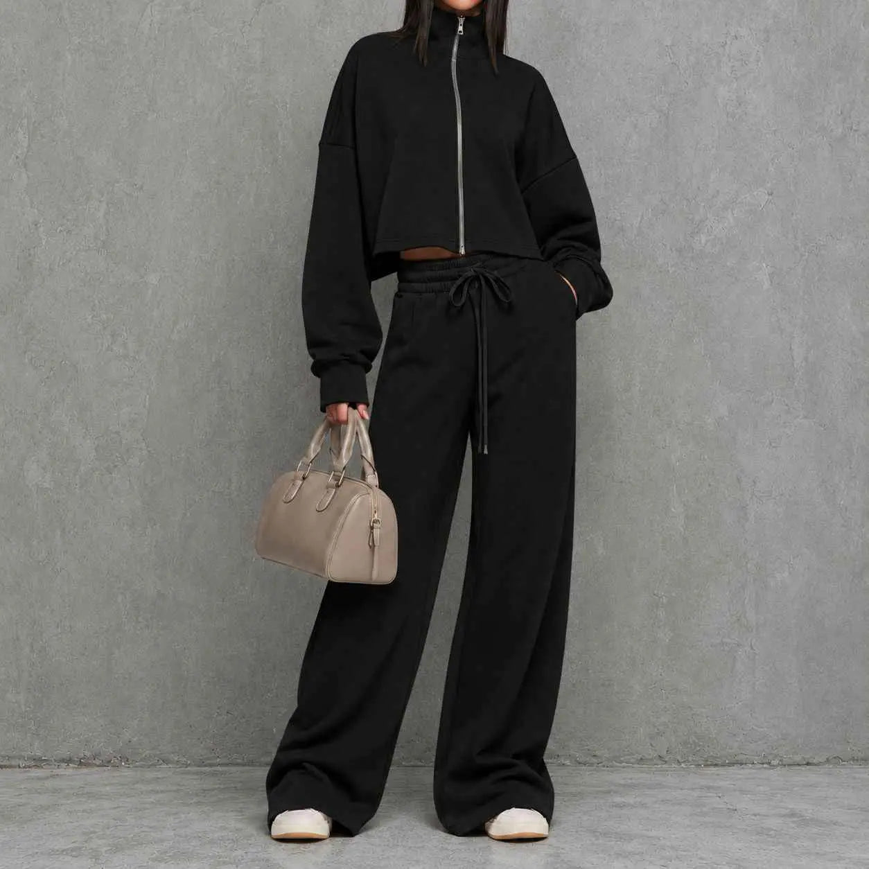 Stand-up Collar Zip-up Hoodie Jacket And High-waisted Wide-leg Casual Pants Set