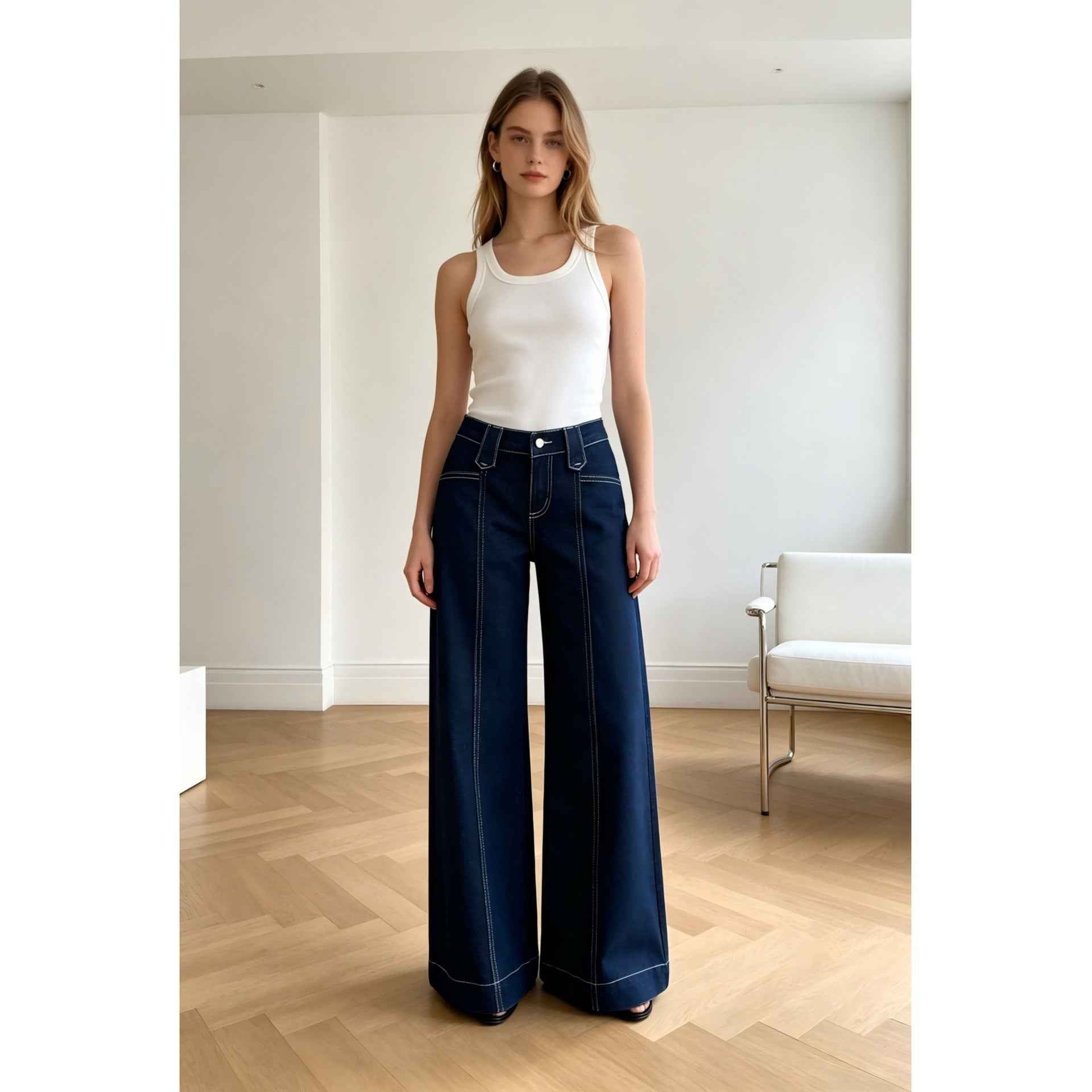 High-street Patchwork-striped Minimalist Chic Solid-color Relaxed-fit Wide-leg Straight-leg Pants