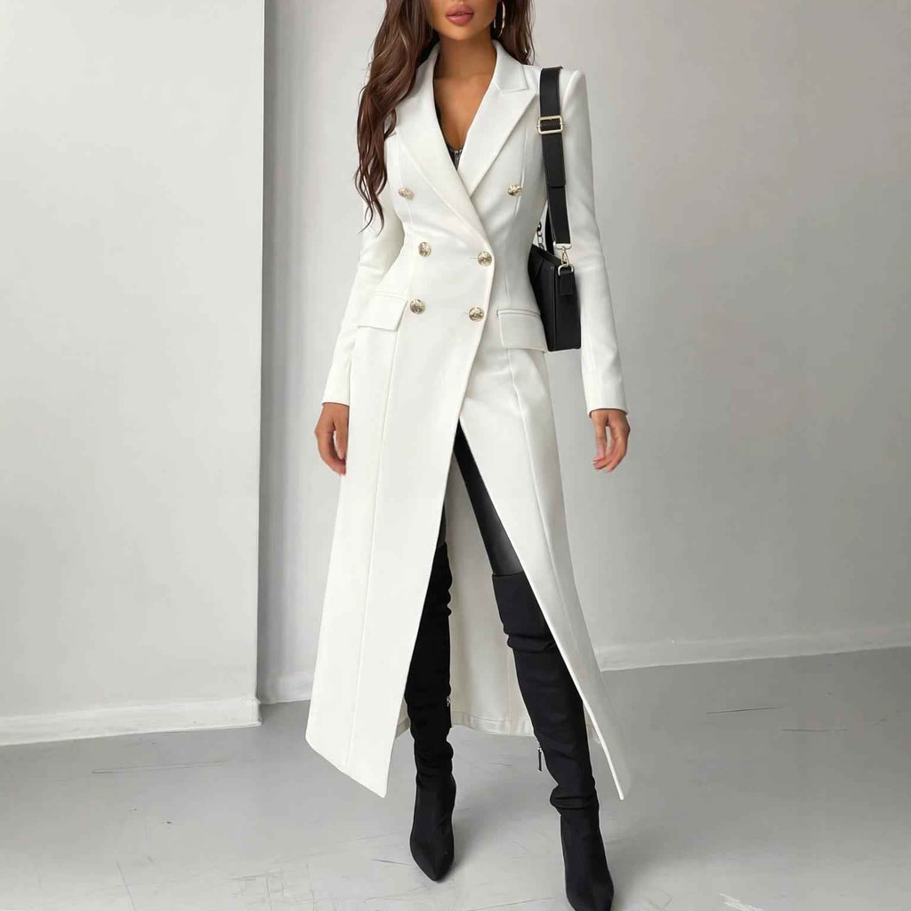 Elegant Commuter-style White Long Coat With A Nipped-in Waisttrendy Beltless And Exuding British Flair