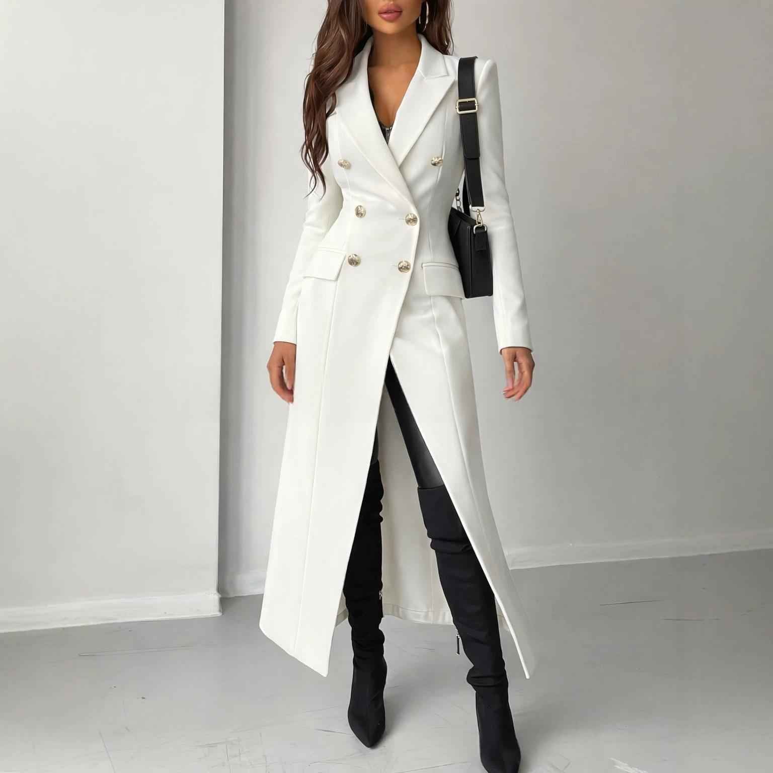 Elegant Commuter-style White Long Coat With A Nipped-in Waisttrendy Beltless And Exuding British Flair