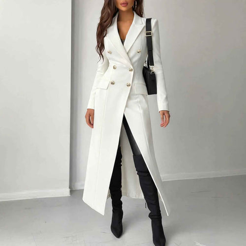 Elegant Commuter-style White Long Coat With A Nipped-in Waisttrendy Beltless And Exuding British Flair