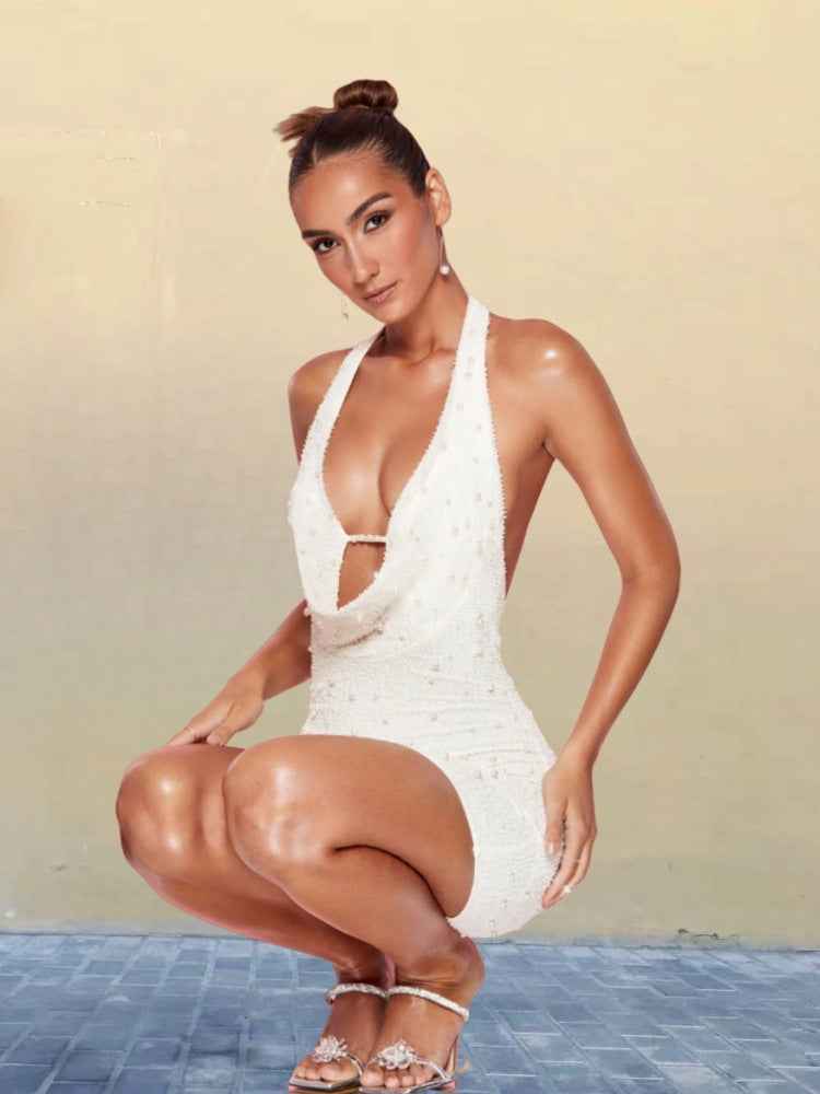 Sexy Chic Slim-fit Sheath Skirt With A Designer Touch Beaded Cut-out Halter-neck Mini Dress