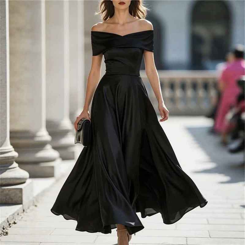 Womens Off-shoulder Waist-cinched Elegant Evening Gown For Parties And Banquets