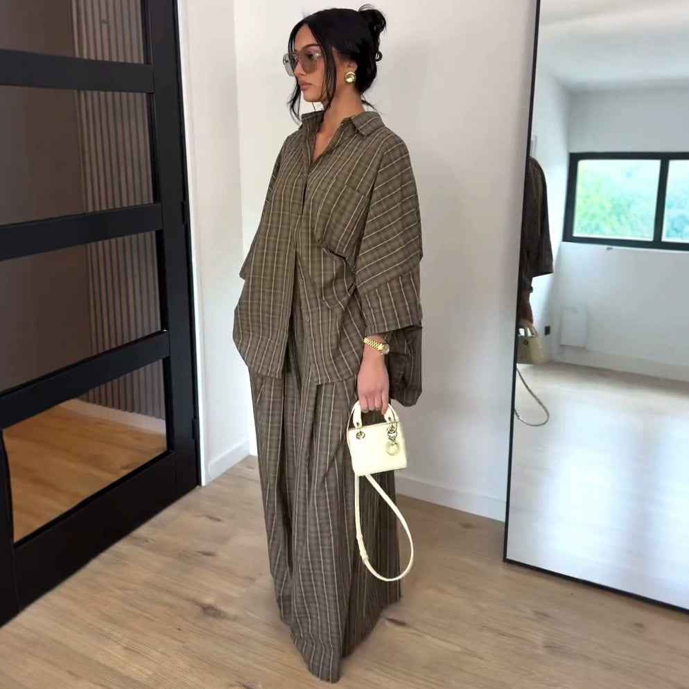 Loose-fitting Long-sleeved Plaid Shirt And Casual Wide-leg Trousers Two-piece Set
