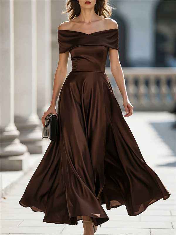 Womens Off-shoulder Waist-cinched Elegant Evening Gown For Parties And Banquets