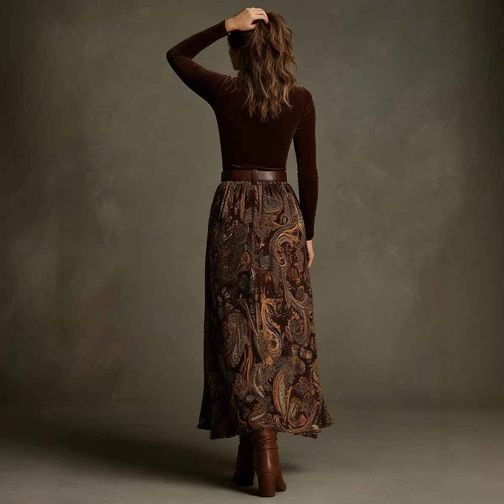 Elegant Flared Vintage-print Long Dress For Women