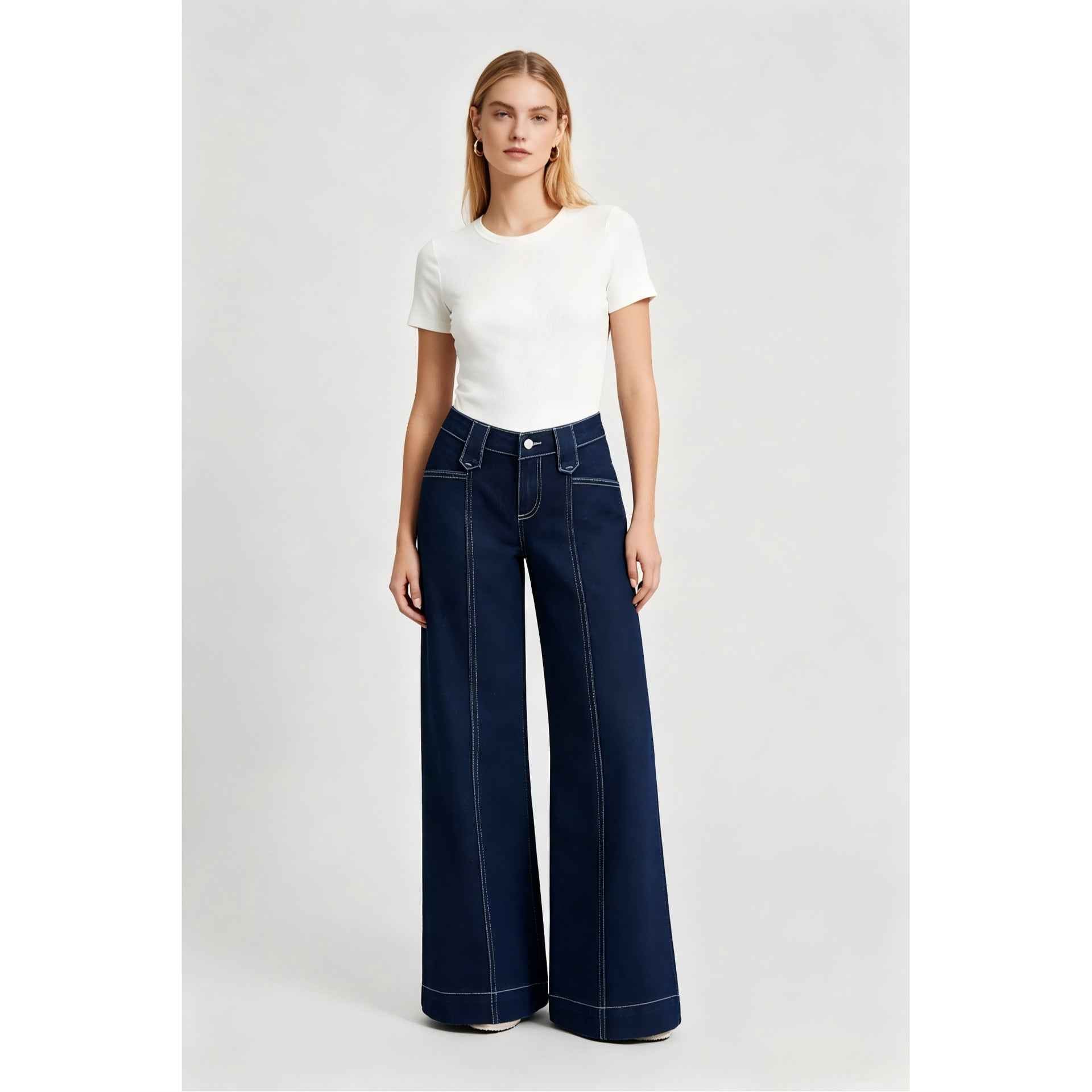 High-street Patchwork-striped Minimalist Chic Solid-color Relaxed-fit Wide-leg Straight-leg Pants
