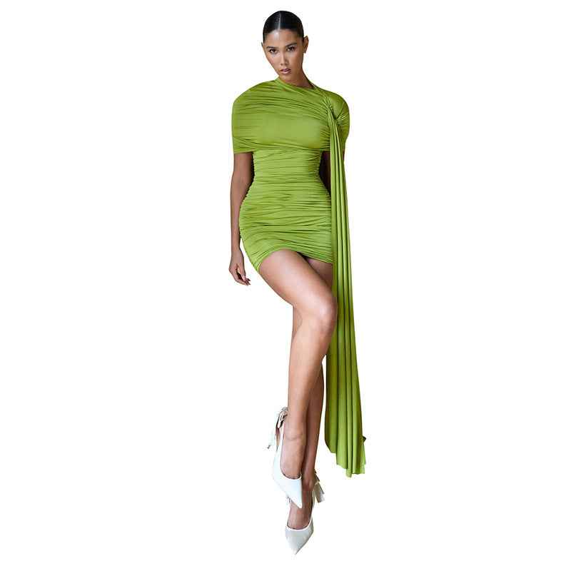 Fashionable Off-shoulder Draped-waist Sheath Dress For Women
