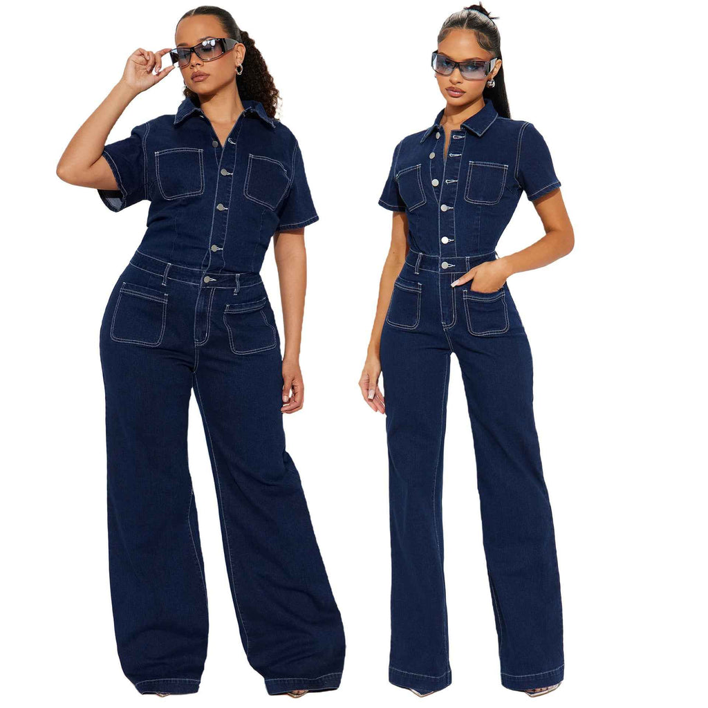 Flared-leg Washed Short-sleeve Denim Jumpsuit