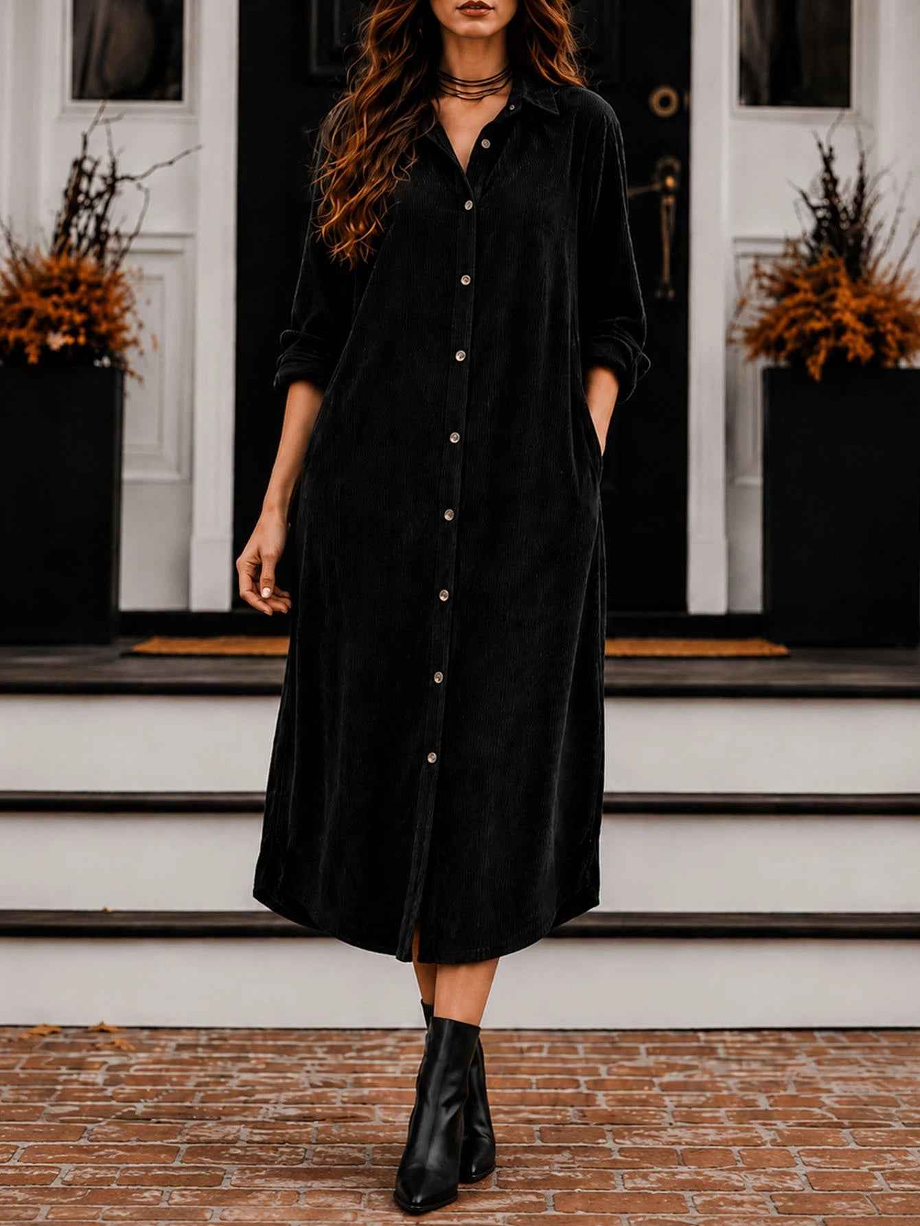 Women's Long Corduroy Shirt Dress