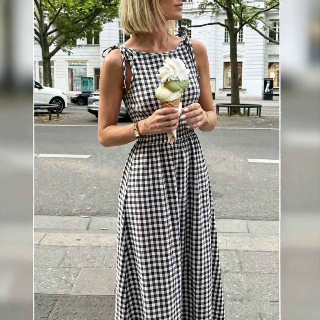 Plaid Long Skirt Bow-tie Shoulder Straps And Ruffled Waistline Dress