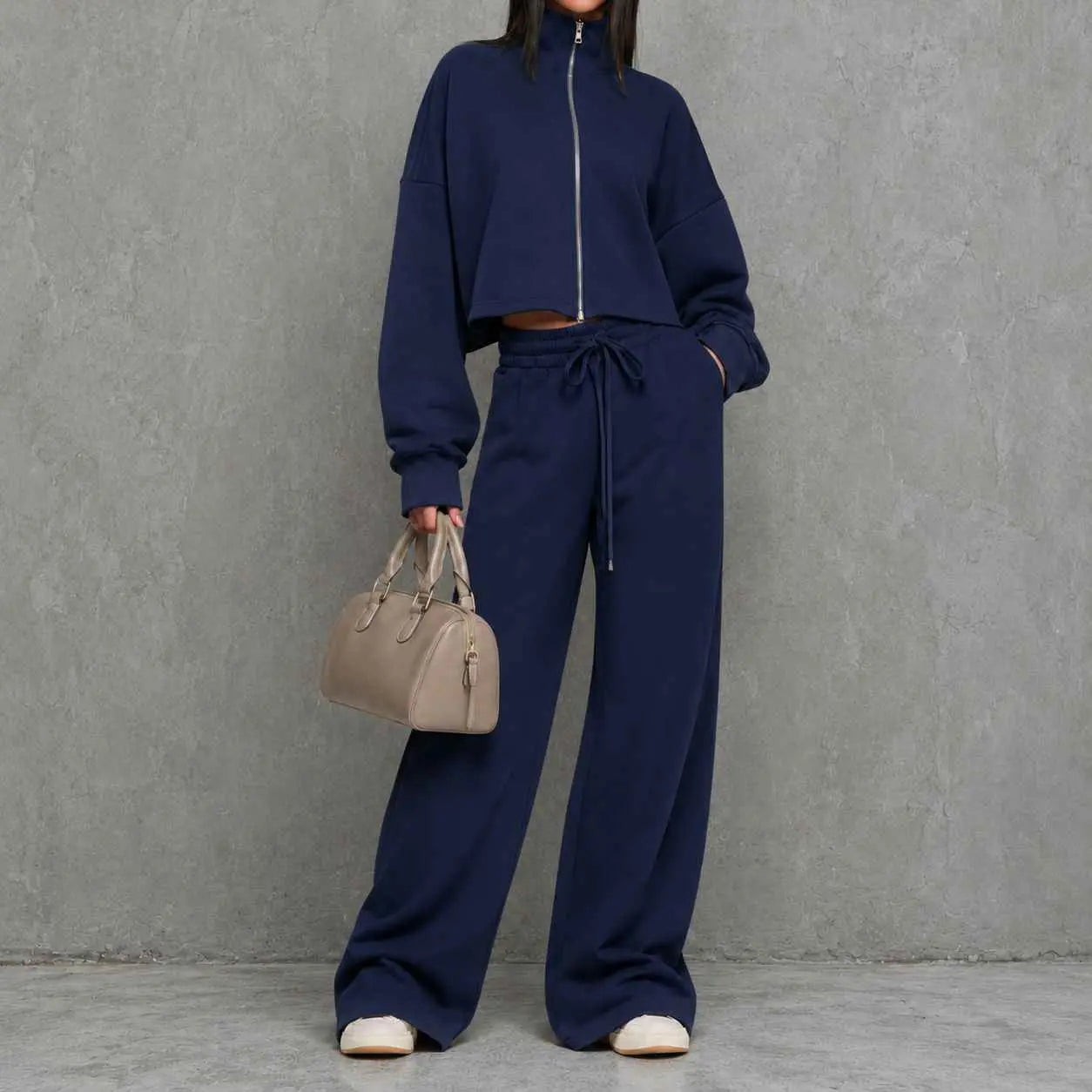 Stand-up Collar Zip-up Hoodie Jacket And High-waisted Wide-leg Casual Pants Set
