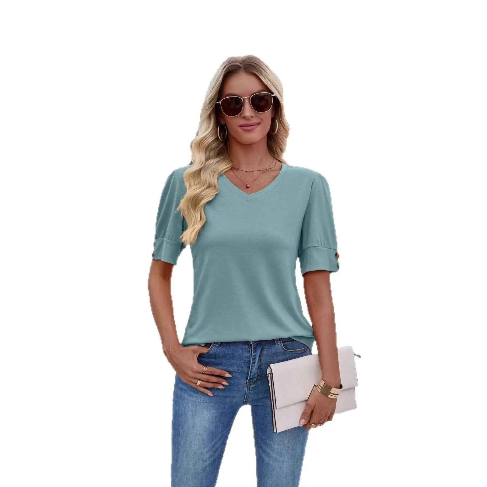 Womens Crew-neck Printed T-shirt With Buttons
