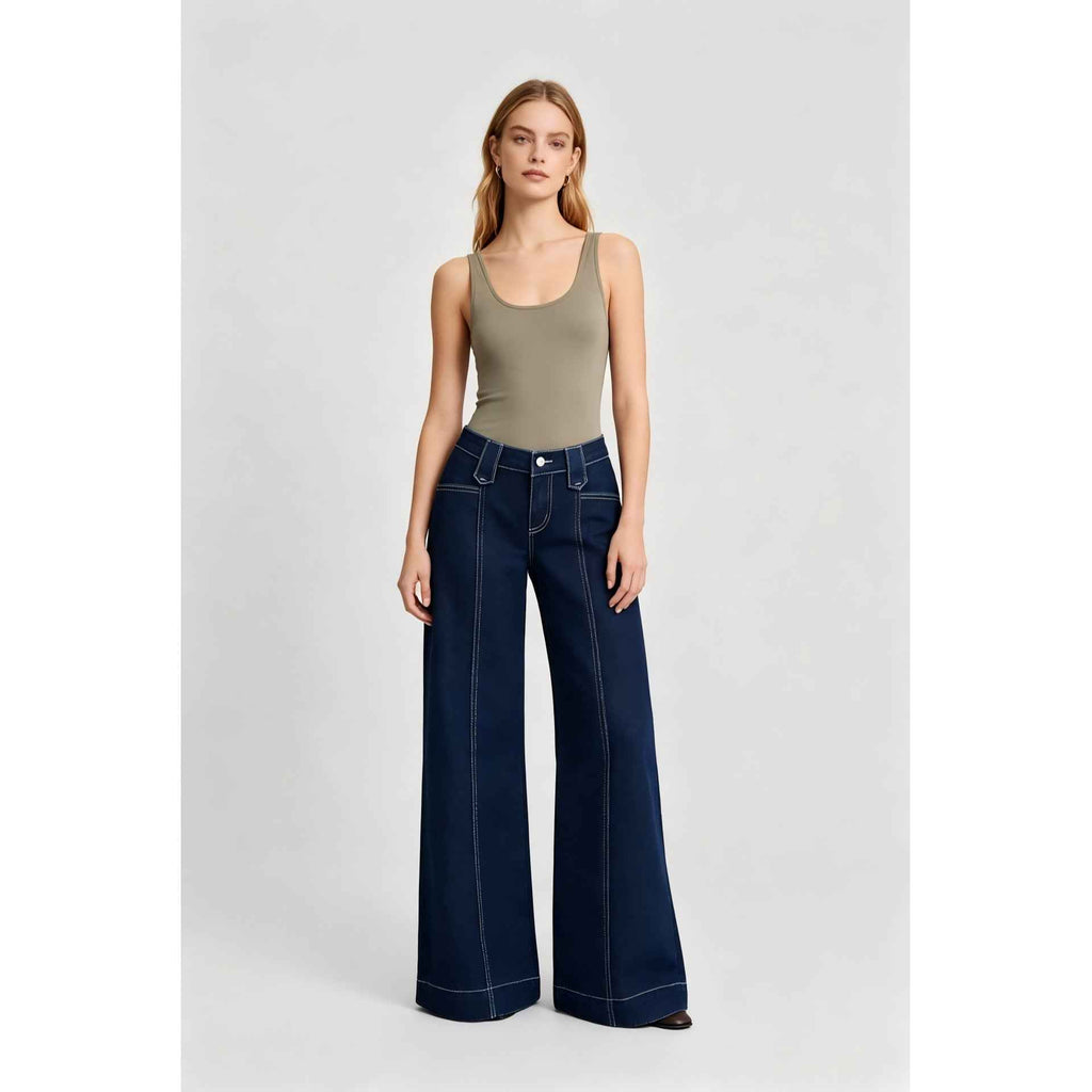 High-street Patchwork-striped Minimalist Chic Solid-color Relaxed-fit Wide-leg Straight-leg Pants