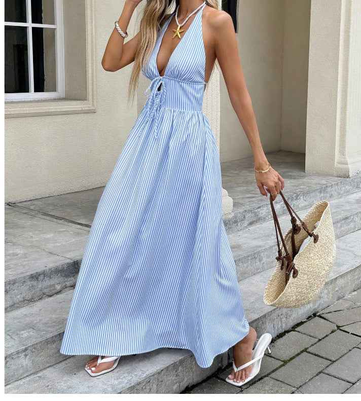 Seaside Vacation Strapless Striped Backless Dress