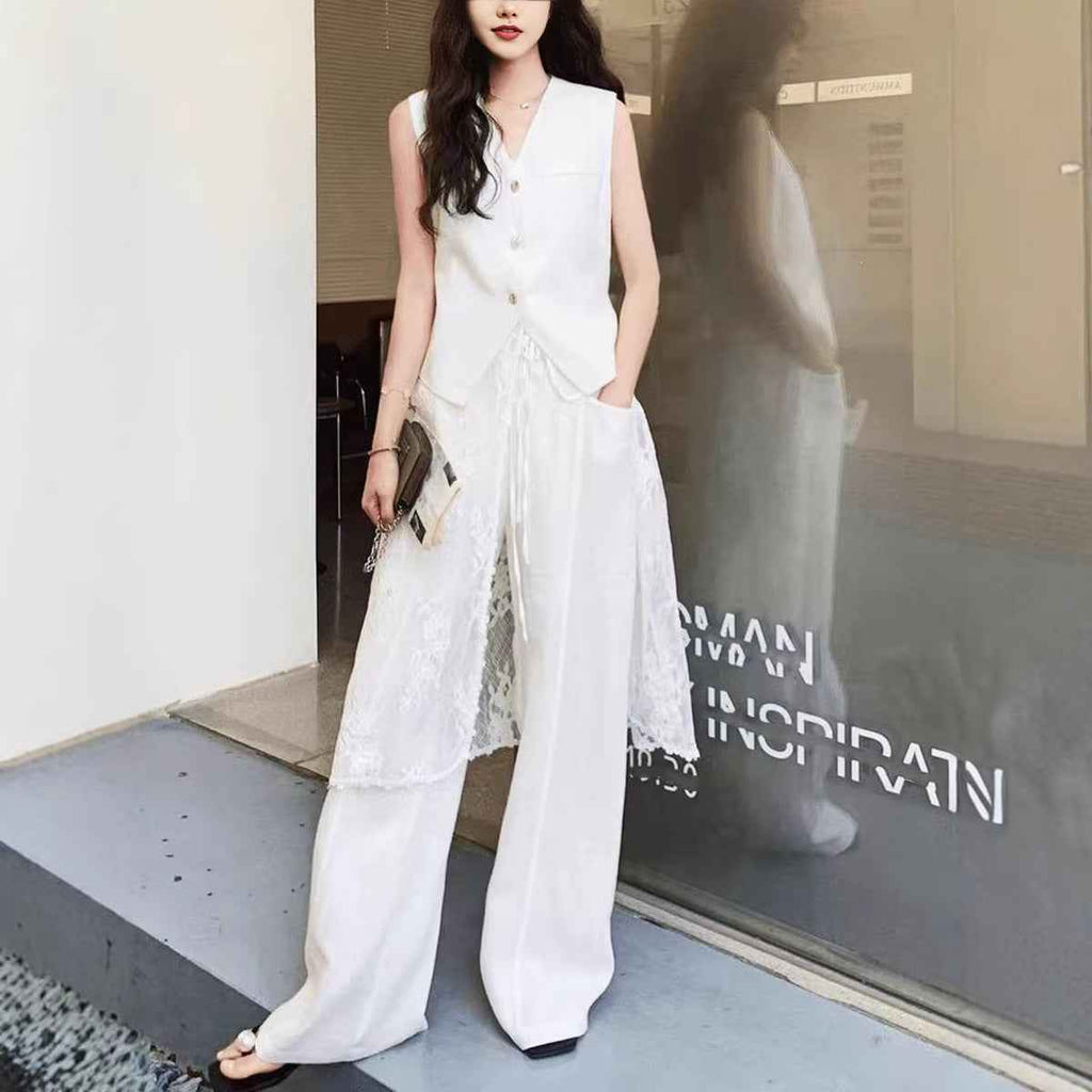 New Lace Blouse With Wide-leg Pants Three-piece Set