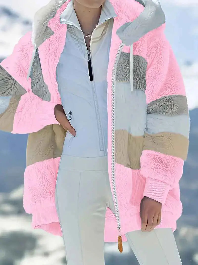Womens Warm Hooded Loose-fitting Coat With Zippered Pockets