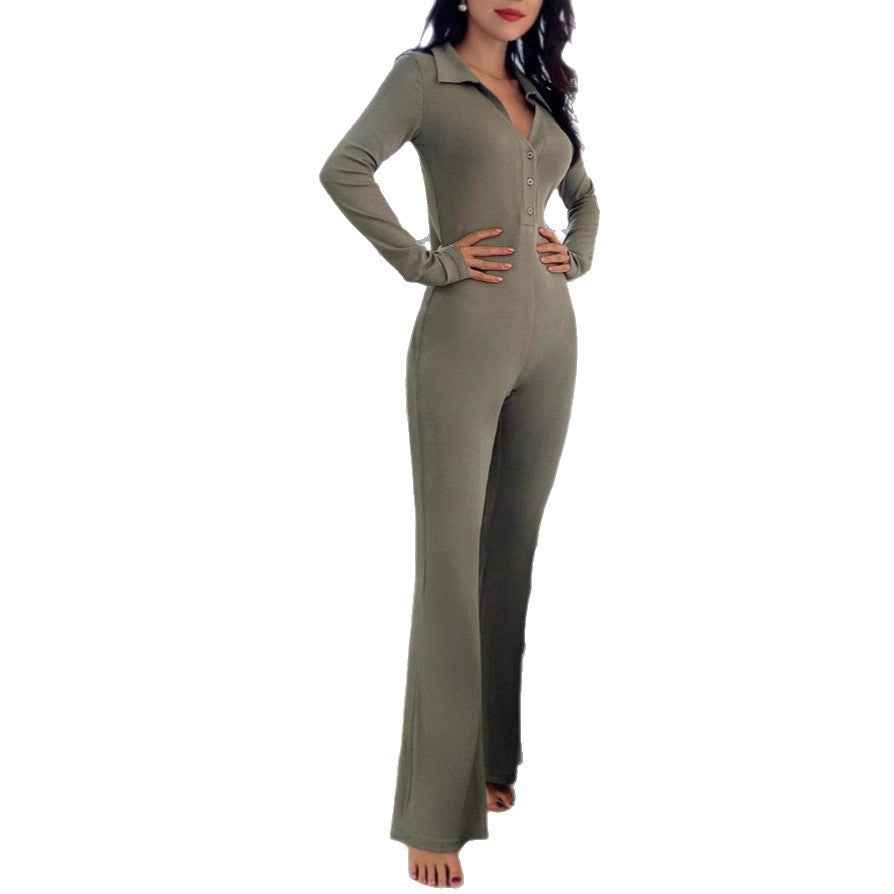Polo-collar Knitted Long-sleeve Sport Jumpsuit