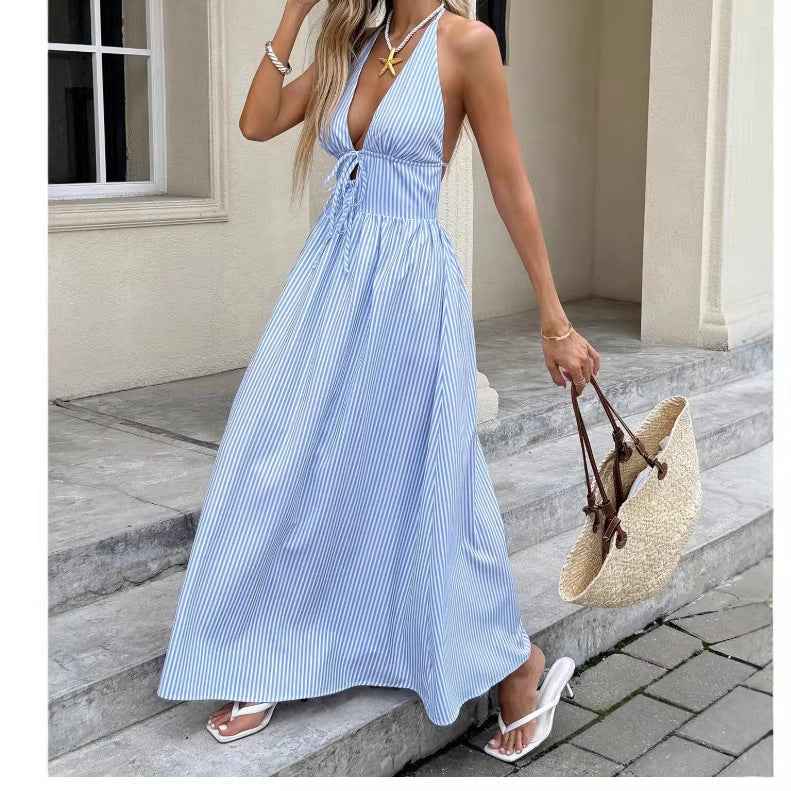 Seaside Vacation Strapless Striped Backless Dress