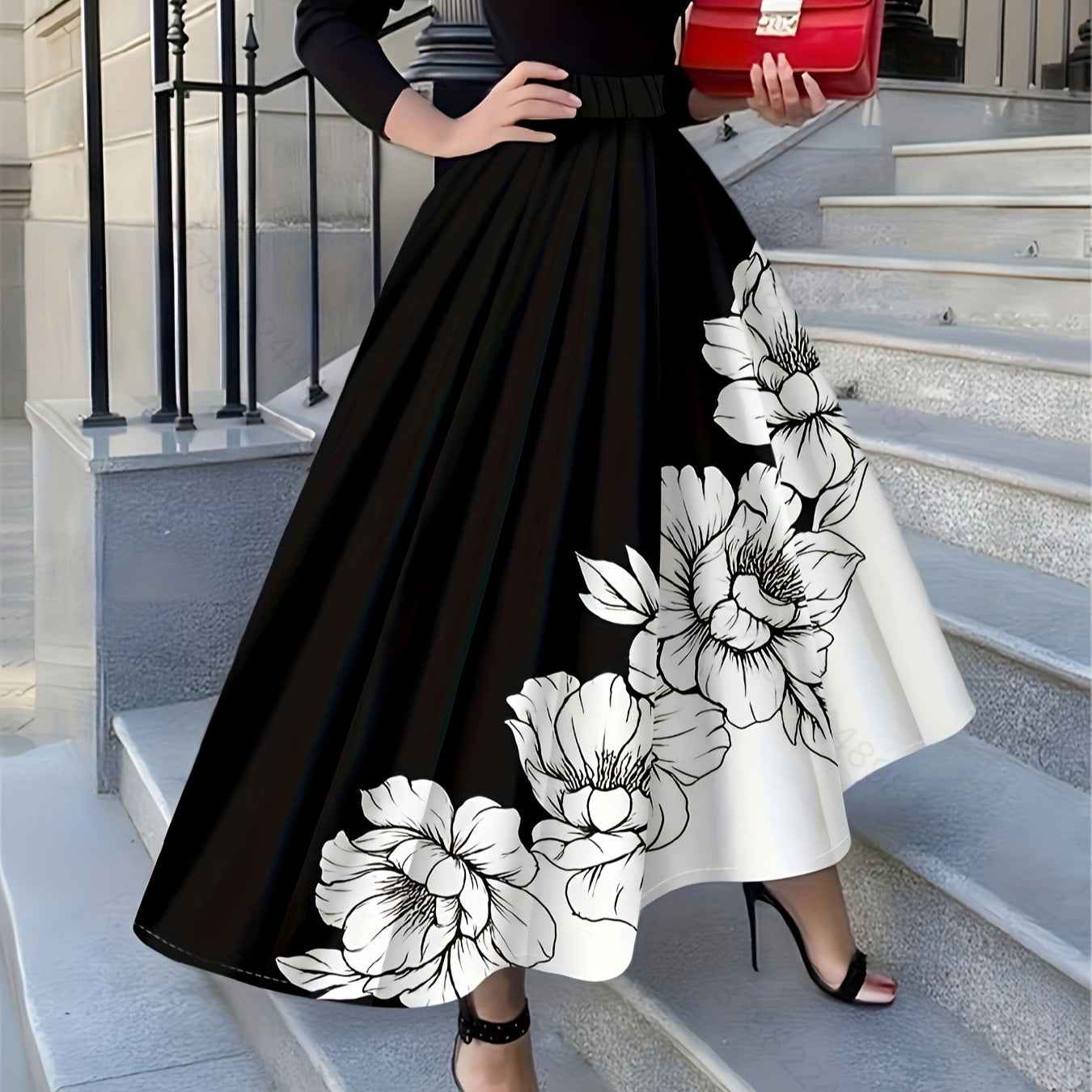 Hepburn-style High-waisted Full-skirted Midi Skirt