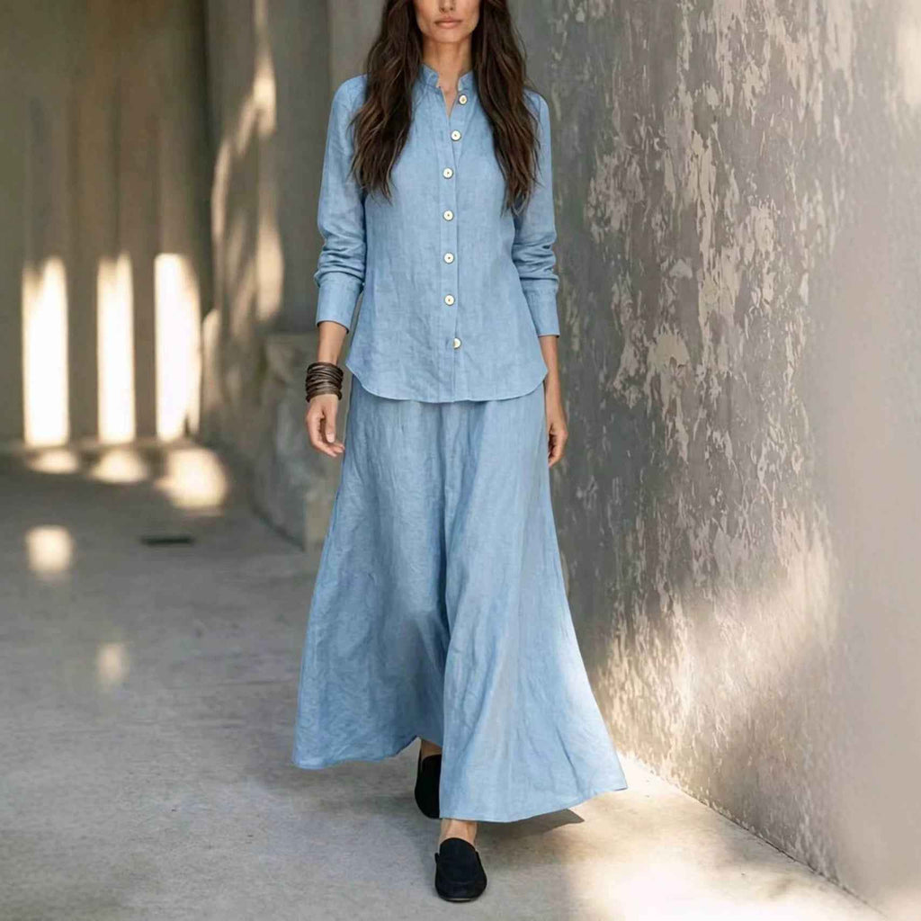 Womens Loose-fit Blouse And Flared Skirt Two-piece Set
