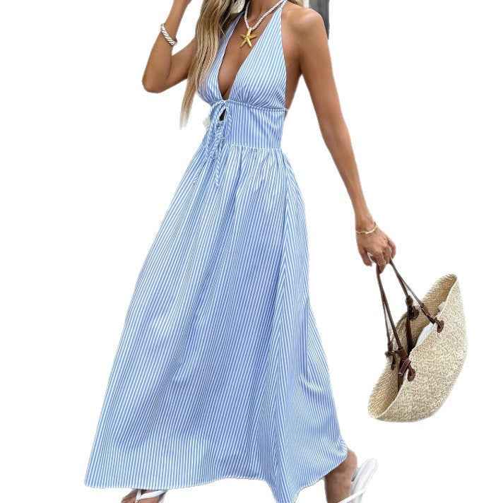 Seaside Vacation Strapless Striped Backless Dress