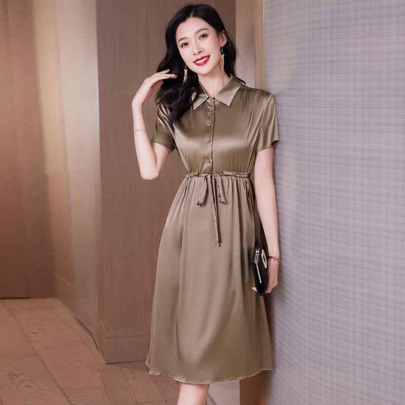 High-end Silk Mid-length Dress With A Cinched Waist That Flatters The