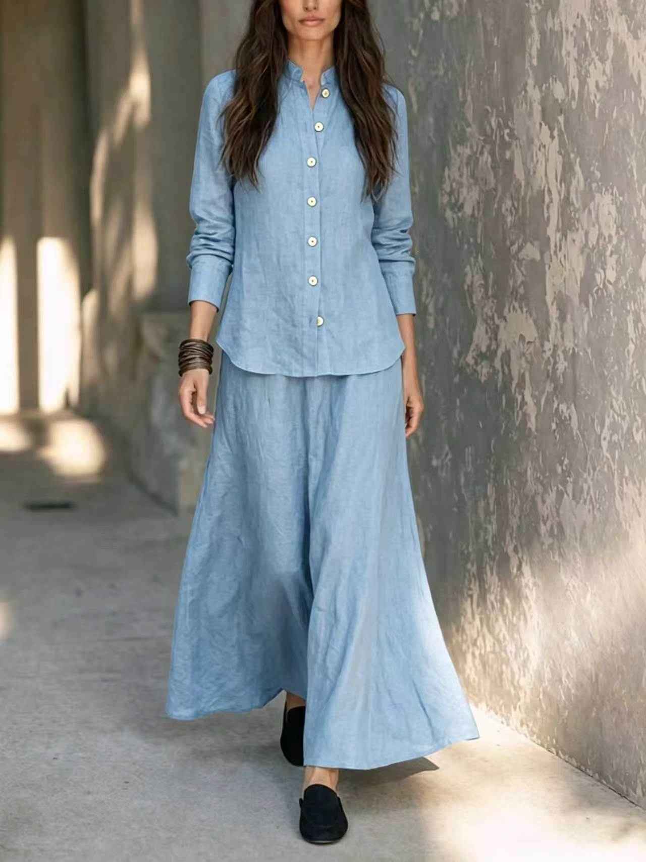 Womens Loose-fit Blouse And Flared Skirt Two-piece Set