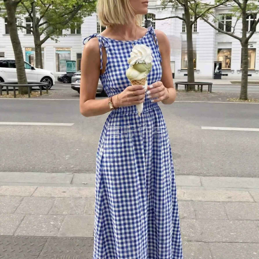 Plaid Long Skirt Bow-tie Shoulder Straps And Ruffled Waistline Dress