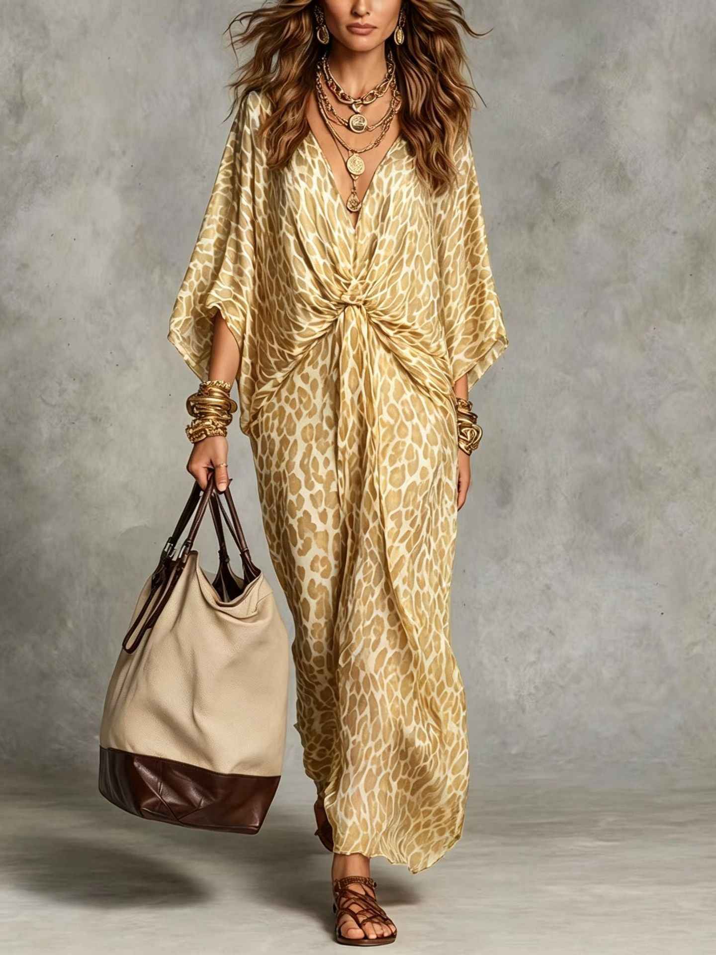 Hot-selling European And American Cross-border Independent Store Leopard Print V-neck Waist Cinch Plus-size Long Dress For Women