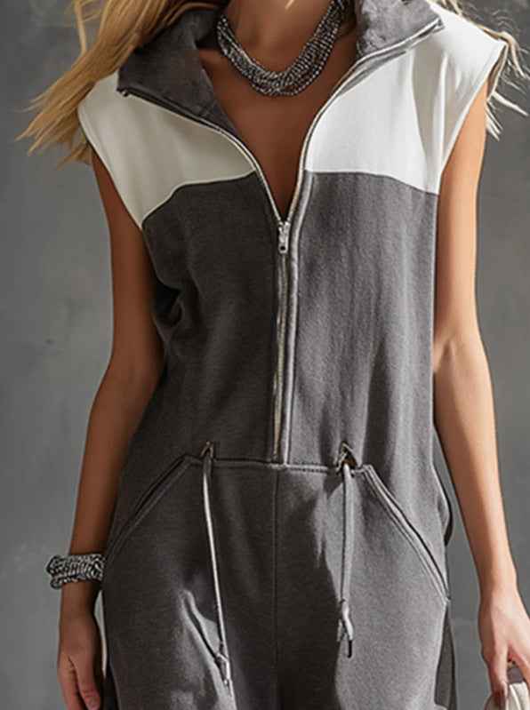 Fashionable Casual Color-block Zip-front Jumpsuit