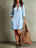 Casual Vacation Long-sleeved Shirt Dress With Two Pockets