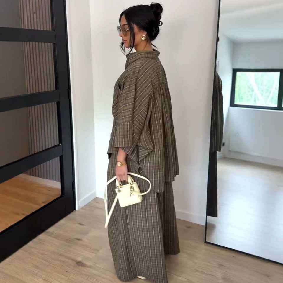 Loose-fitting Long-sleeved Plaid Shirt And Casual Wide-leg Trousers Two-piece Set