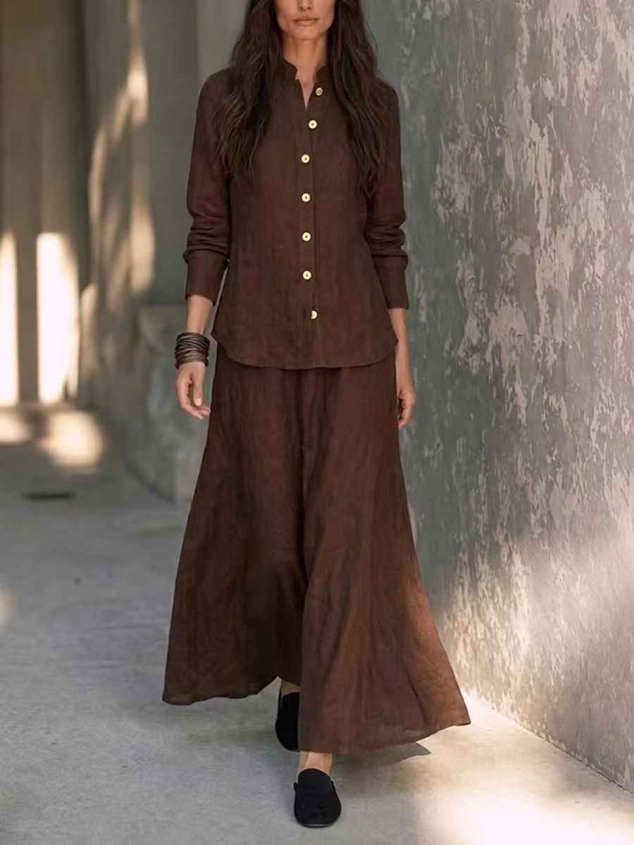 Womens Loose-fit Blouse And Flared Skirt Two-piece Set