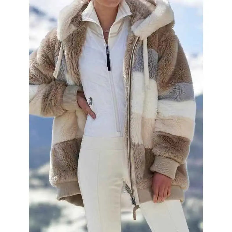 Womens Warm Hooded Loose-fitting Coat With Zippered Pockets