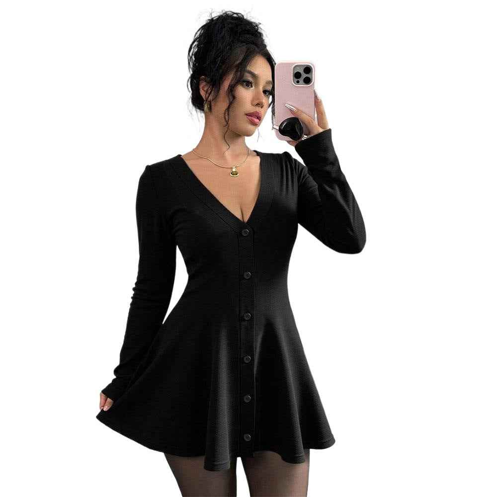 Pure And Alluring Black V-neck Long-sleeve Knit Dress