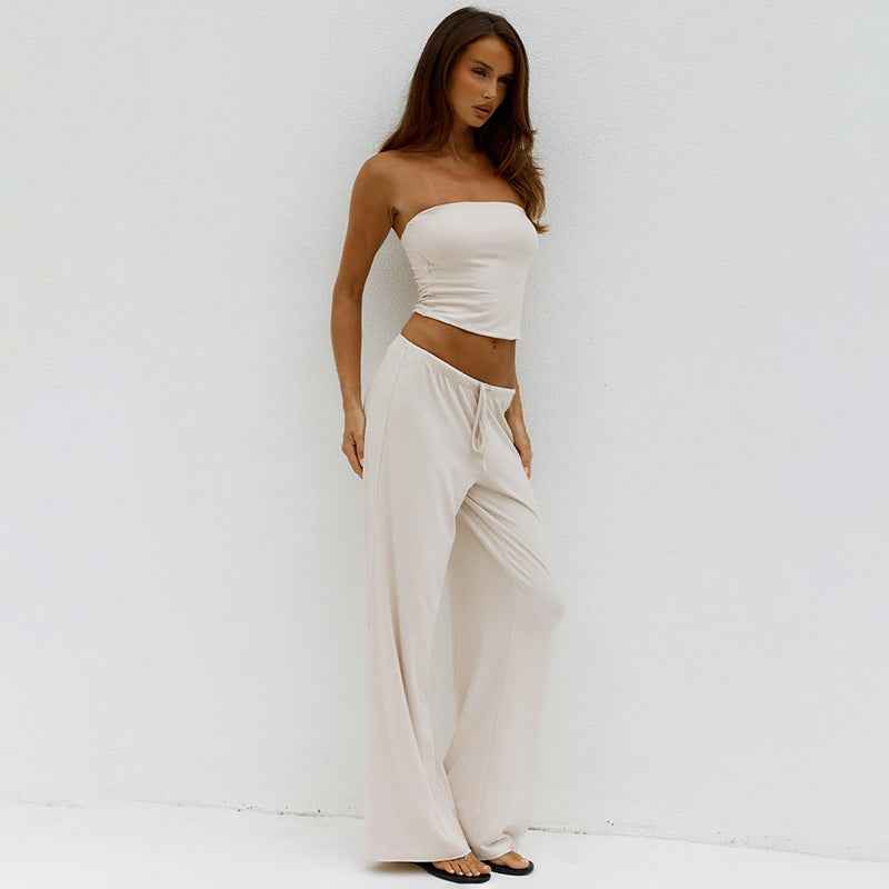 Solid-color Tube Top And Drawstring Straight-leg Pants Two-piece Set