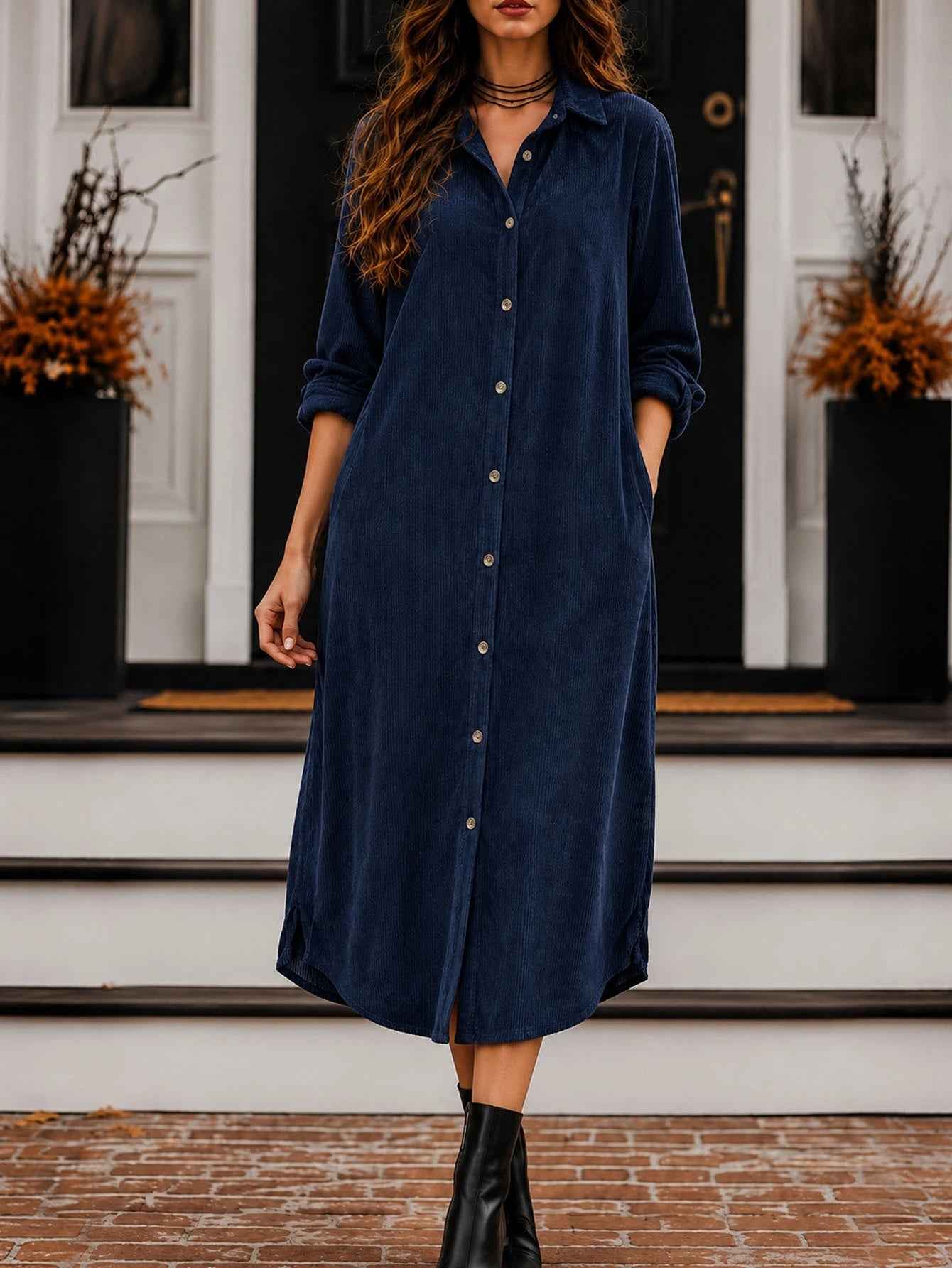 Women's Long Corduroy Shirt Dress