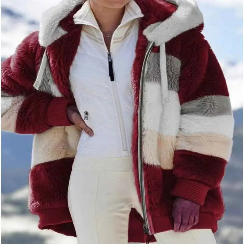 Womens Warm Hooded Loose-fitting Coat With Zippered Pockets