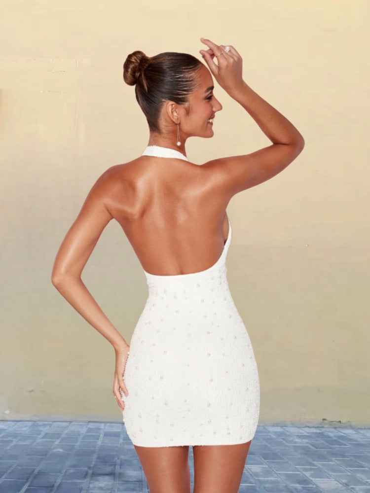 Sexy Chic Slim-fit Sheath Skirt With A Designer Touch Beaded Cut-out Halter-neck Mini Dress