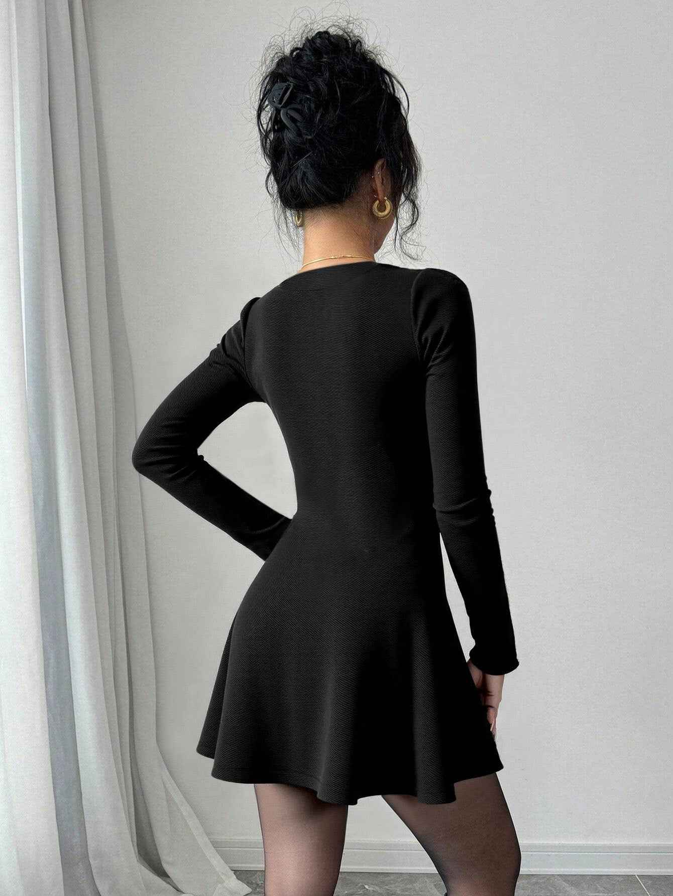 Pure And Alluring Black V-neck Long-sleeve Knit Dress