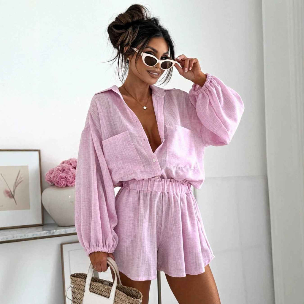 Short-sleeved Top And Elastic-waist Shorts Two-piece Set