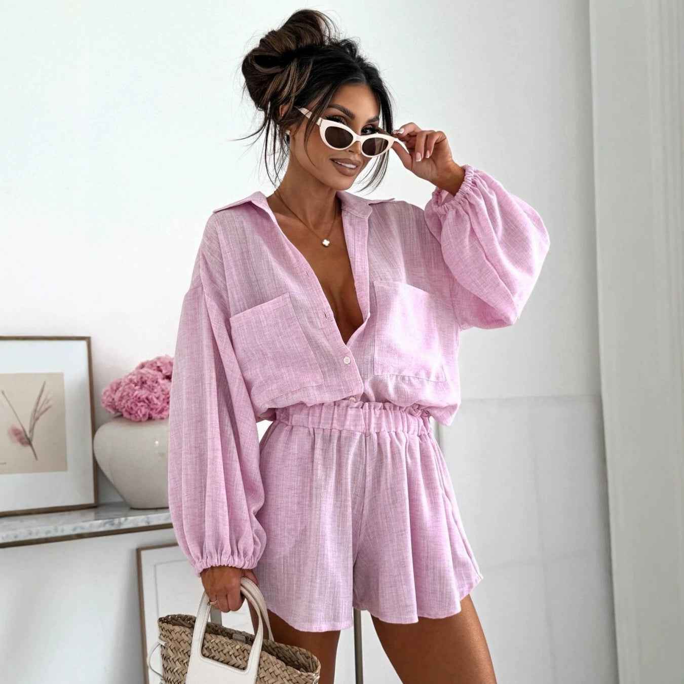 Short-sleeved Top And Elastic-waist Shorts Two-piece Set