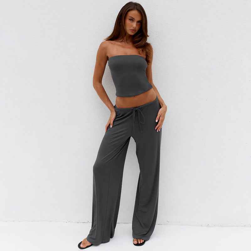Solid-color Tube Top And Drawstring Straight-leg Pants Two-piece Set