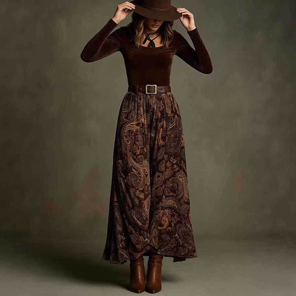 Elegant Flared Vintage-print Long Dress For Women