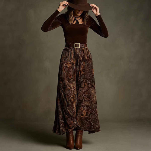 Elegant Flared Vintage-print Long Dress For Women