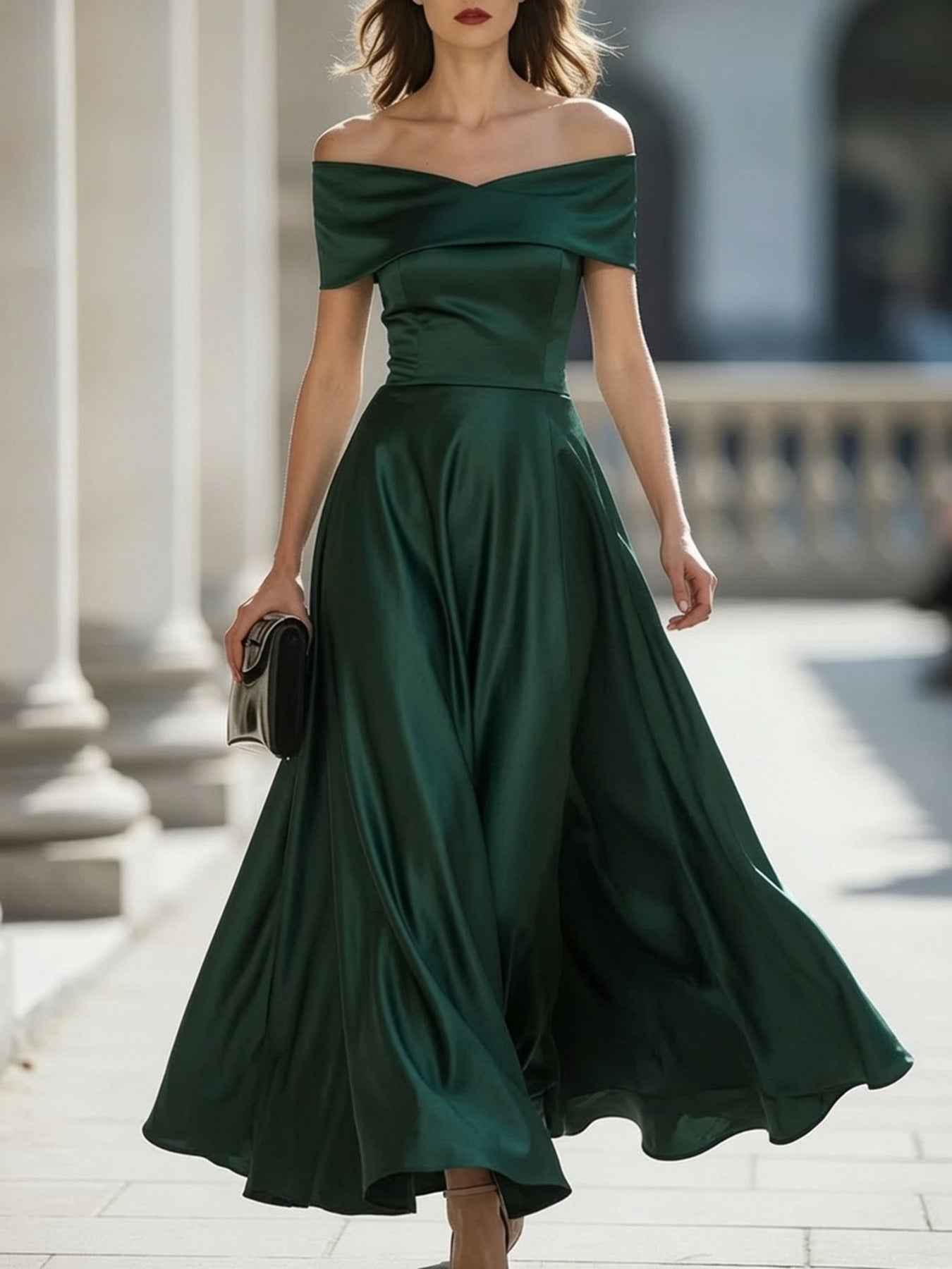 Womens Off-shoulder Waist-cinched Elegant Evening Gown For Parties And Banquets