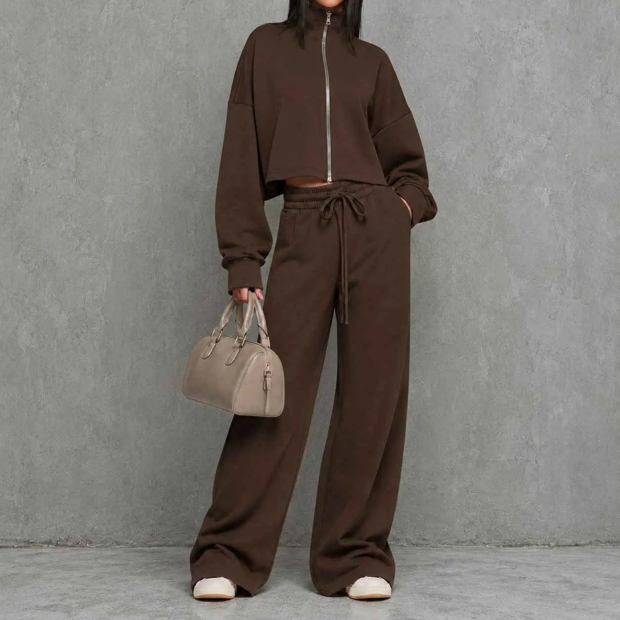 Stand-up Collar Zip-up Hoodie Jacket And High-waisted Wide-leg Casual Pants Set